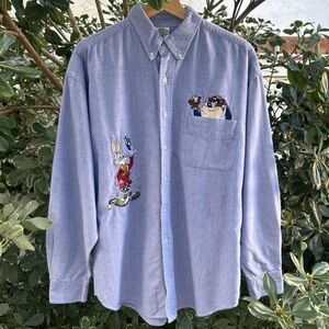 Vintage 1993 Acme Clothing Bugs Bunny Taz Oxford Button-Down Shirt L
